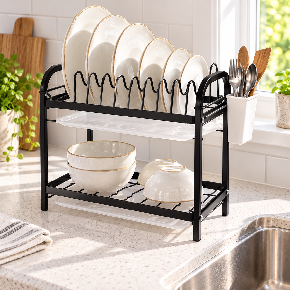 🍽️ Dish Organizer | Black Metal | Kitchen | Newlyweds | Two-Tier Elegance