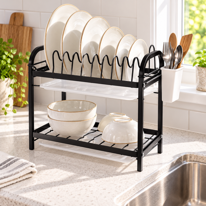 🍽️ Dish Organizer | Black Metal | Kitchen | Newlyweds | Two-Tier Elegance