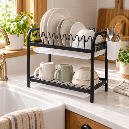 🍽️ Dish Organizer | Black Metal | Kitchen | Newlyweds | Two-Tier Elegance