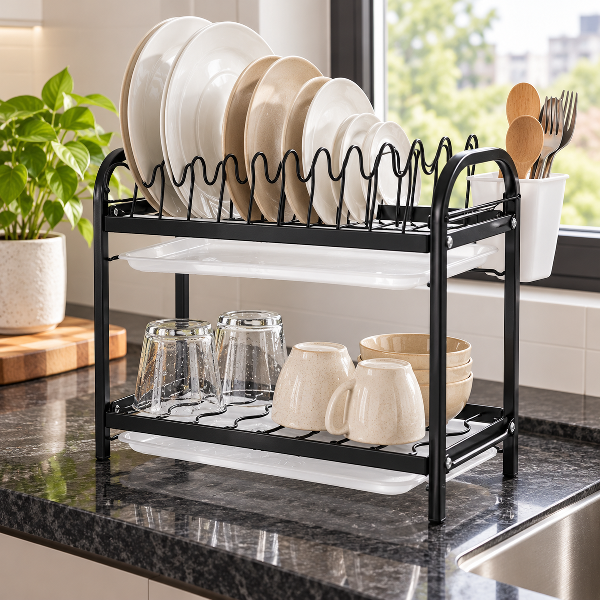 🍽️ Dish Organizer | Black Metal | Kitchen | Newlyweds | Two-Tier Elegance