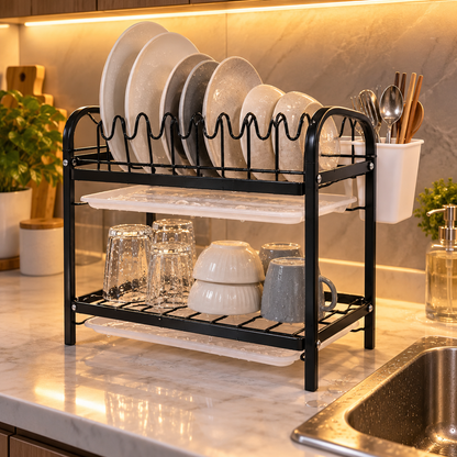 🍽️ Dish Organizer | Black Metal | Kitchen | Newlyweds | Two-Tier Elegance