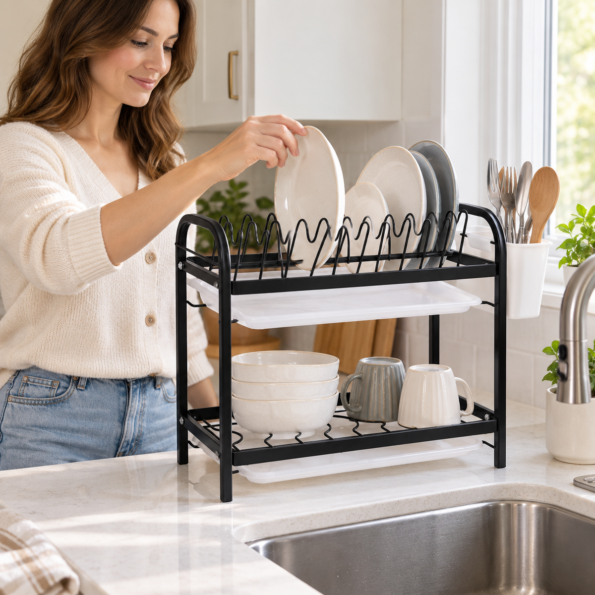 🍽️ Dish Organizer | Black Metal | Kitchen | Newlyweds | Two-Tier Elegance
